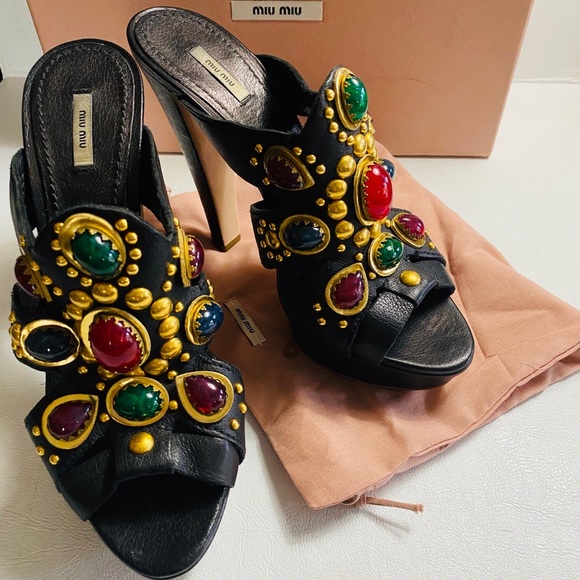 $750 MIU MIU Multicolor Stone Stud Platform 38.5 - Picture 12 of 16